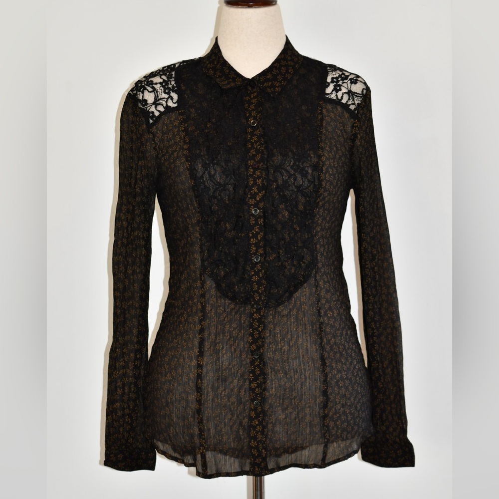 Free People Black Lace Sheer Blouse